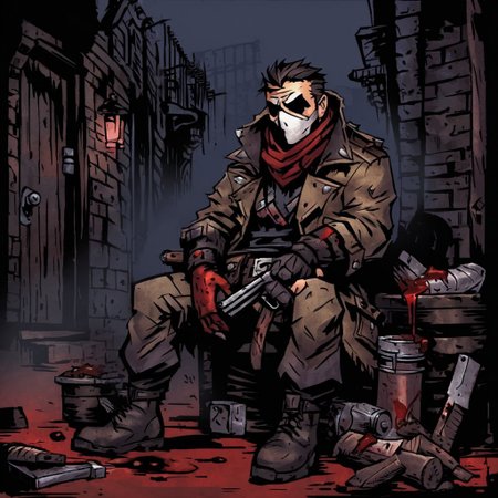 high-definition 8k comicish artwork in dgst artstyle of a bandit, (rough coat, bandana covering face, guns and knives, blood, dark alley