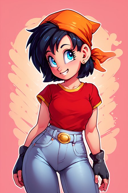 score_9, score_8_up, score_8, medium breasts, (curvy), cute, eyelashes,       BREAK, , zzPan, black hair, short hair, bandana, gloves, fingerless gloves, red shirt, denim pants,  <lora:Pan_Dragonball_PDXL:0.8>, , BREAK, smile, looking at viewer,  abstract background, white outline, cowboy shot, embedding:zPDXL, Expressiveh, <lora:theOtherHalfPDXL:0.8>,  <lora:CatalystStylePDXL:0.6>,  <lora:SDXLFaeTastic2400:0.5>,  <lora:Expressive_H-000001:0.4>,