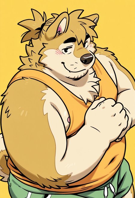 yellow theme, yellow background, solo, 1boy, anthro dog, shiba, light cream fur, golden fur, two tone fur, tied hair, black eyes, black eyebrows, furry tail, curved tail, short ears, black nose, belly, chubby, fat, overweight, orange tank top, green shorts, BREAK (fist in hand) face focus, upper body, looking at viewer, from above