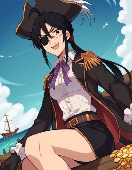 score_9, score_8_up, score_7_up, source_anime, <lora:sae-shirai-s1-ponyxl-lora-nochekaiser:1>, sae shirai, long hair, black hair, ponytail, ahoge, glasses, black eyes, hair between eyes, sidelocks, medium breasts,, <lora:pirate-costume-ponyxl-lora-nochekaiser:1>, pirate costume, pirate hat, skirt, gloves, jacket, shirt, eyepatch,, blue sky, sea, ocean, pirate ship, treasure, gold, smug, open mouth, from below, sitting,, , dutch angle, cowboy shot