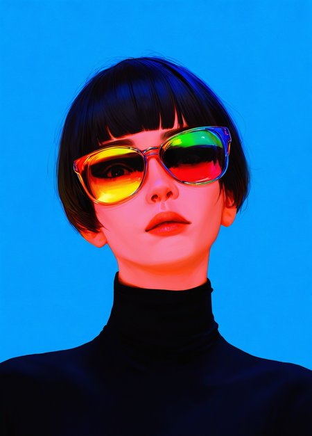 realistic,  
masterpiece, best quality, amazing quality, highres, absurdres, very aesthetic, very awa,expert shading, ultra detailed, UHD, 8K,
BREAK, 
N3onSp3ctra, 1girl, solo, sunglasses, short hair, blue background, portrait, bangs, turtleneck, blunt bangs, tinted eyewear, upper body, head tilt, seductive vibes, low angle, face focus, colorful, dramatic lighting