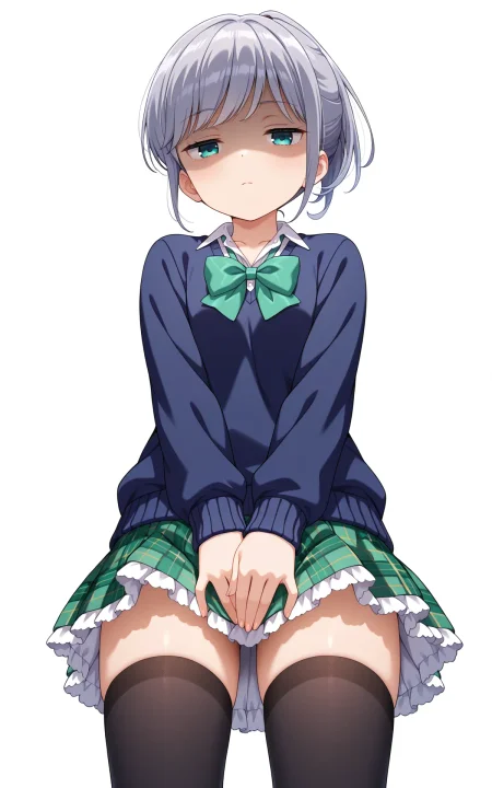 masterpiece,best quality,good quality,amazing quality,newest,4k,perfect lighting,cinematic,very aesthetic,official art,anime screencap,anime coloring,(white background, simple background:1.5),
1girl,solo,tsukiguma rinko, grey hair, short hair, ponytail, aqua eyes, seio school uniform,green bowtie,blue sweater,long sleeves,green skirt, plaid skirt,frilled skirt,black thighhighs,
looking at viewer,expressionless, jitome,half-closed eyes,shaded face, standing,arms between legs,covering crotch,grabbing own skirt,facing viewer,straight-on,from below,BREAK
<lora:ILrinko:1>
