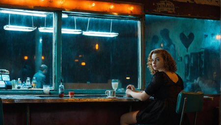 (style of [Edward Hopper:Zdzisław Beksiński:0.6]), solitary woman illuminated by flickering neon light, an abandoned diner, empty chairs, cast long shadows, vague human silhouettes through fog, blue and orange interplay, loneliness bleeding into dread, urban liminality, large bosom, cleavage, smooth skin, bright eyes, full cheeks, plump lips, soft facial features, fresh-faced, hourglass figure woman, award-winning editorial masterpiece, 1girl, 18yo woman, gorgeous, cute face, cute girl, dynamic composition, engaging narrative, high-quality details, evocative mood, immersive scene, realistic textures, captivating atmosphere, stop-motion animation, intricate details, seamless integration, Sophoria_Comatosa