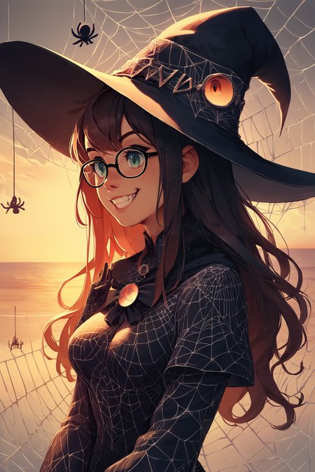 score_9, score_8_up, score_7_up, score_6_up, score_5_up, score_4_up, web, spider web,   1girl, solo, portrait, witch hat,   medium breasts, tiny, long hair, straight hair, glasses,  grin,  sunset, <lora:test\allcobwebby.safetensors:1:1>