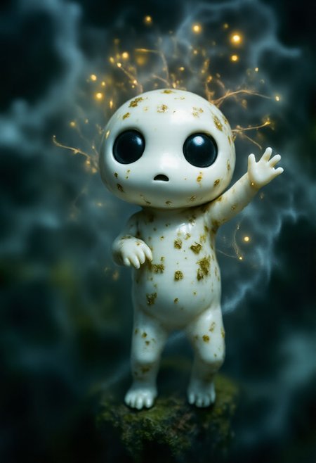 Studio Ghibli Dark Fairytale, moody ethdysty, fantastical, ethereal aesthetic. The image is a high-resolution macro photograph of a small, Ghibli-inspired Kodama forest spirit, showcasing intricate details of its tiny, otherworldly body. The Kodama has a smooth, desaturated white surface with faint, faded markings that give it an aged, ghost-like appearance. Its large, hollow black eyes are glossy and reflective, hinting at a silent wisdom. The delicate limbs and subtle textures, almost translucent, catch the ambient light in a soft glow. Fine, mist-like particles drift around it, adding to its eerie, serene presence. Cracks and tiny mossy growths adorn parts of its body, as if it's partially formed from the forest itself. The background is blurred, filled with diffused forest light and glowing spores, creating a dreamlike depth that makes the Kodama appear to hover silently in a realm between life and spirit.
