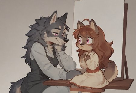 chibi
Art by Phallusbro[STYLE], Phallusbro[STYLE], furry, furry art, Cartoony, Cartoon like, cutesy style,
csr style, fcNeg, updn,
NEGATIVE_HANDS, 

HD, digital painting, painting, digital art, digital media (artwork), hi res, (uploaded on e621:1.1), best quality, highly detailed, intricate details, extremely detailed, perfect hands, negative_hand, detailed, clean lines, Shaded, painted,
game CG, official art, score_9, score_8_up, score_7_up, score_6_up, score_5_up, score_4_up. 
yuri, animalistic features,
2 girls, duo, wolf anthro, grey fur, grey body, fluffy tail, wolf tail, pink eyes, long hair ,tan body, brown fur, brown body. clothed. dress, 1 short, 1 tall, standing, sitting,