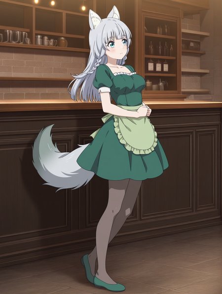 (waitress green dress apron pantyhose green flats:1.50), 
km-shigure, blue eyes, grey hair, bangs, long hair, wolf ears, wolf tail, 
medium breasts, 1girl, 
(masterpiece, highres, ultra-detailed,very aesthetic, best quality, absurdres, high quality, highres), 
blush,
,
(:0.90), 
BREAK,
,
,
(solo:0:4::0.40), (skinny:0.8),
(),
<lora:km-shigure-V04-illXL-000003:0.80>