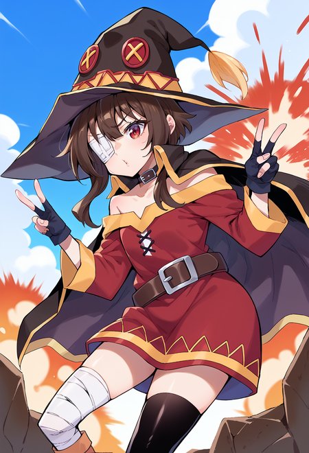 score_9, score_7_up, source_anime, BREAK <lora:AERingo:1> linear hatching,  <lora:AEMegumin:0.9> AEMegumindef, red eyes, Brown hair, Belt choker, red dress, off-shoulder dress, Black gloves, fingerless gloves, Belt, mismatched legwear, asymmetrical legwear, bandaged leg, black thighhighs, knee boots, hat, eyepatch, Black cape, v over eye, explosion, cowboy shot,