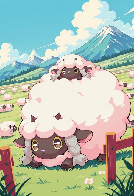 S4bit4mago_illu, anime style, s0wasow4rt_illu, masterpiece, newest, best quality, high quality, highres, absurdres, concept, extremely detailed, cartoon style, detailed plants,  fluffy sheep wooloo, fluffy sheep mareep, sunny blue sky, blurry foreground, cloud,  green field, horizontal pupils, mountain, no humans, on grass, outdoors, cute pokemon \(creature\), sheep, wooden fence, too many sheep, anime style flat color,