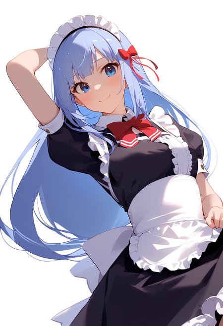 1girl,
shiraishi tsumugi,


closed mouth, blue eyes, arm up, light blue hair, bow, white background, white apron, short sleeves, looking at viewer, red bow, solo, cowboy shot, apron, hair between eyes, frills, breasts, waist apron, hair bow, smile, skirt hold, simple background, medium breasts, maid apron, maid headdress, bowtie, black dress, puffy short sleeves, blue hair, frilled apron, sidelocks, very long hair, standing, blush, dress, puffy sleeves, maid, red bowtie, long hair,

sfw
<lora:a31_char_new_shiraishi_tsumugi-000020:1> <lora:a31_style_koni-000010:0.8>