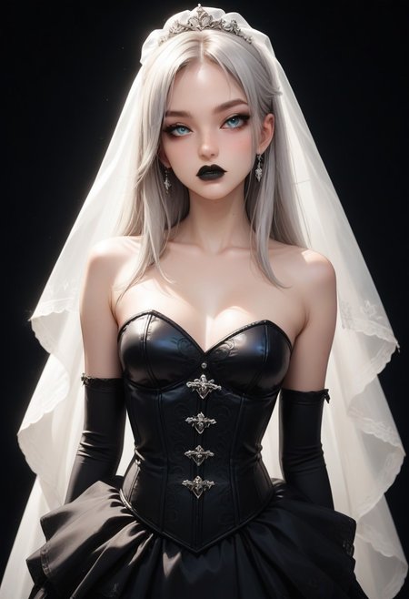 score_9_up, score_8_up, score_7_up, 
1girl, skinny body, light gray hair, long hair, straight hair, blue eyes,  eye shadow, makeup, full lips, ((black lips)), 
small breast, 
(bride veil), (black cloth corset), (black stockings), (black long gloves), 
sexy pose, front view,  
Semirealistic illustration, cowboy shot,
((black background)),