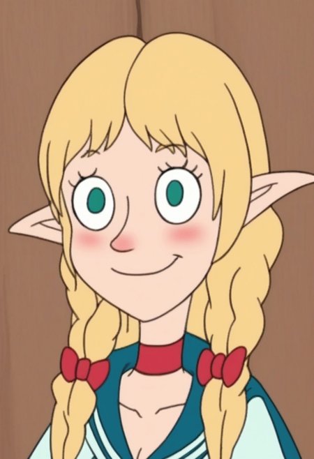 hhs1, blush,

1girl, solo, portrait, braid, bangs, smile, blush, smirk, collarbone, cleavage, blonde hair, long hair, green eyes, twin braids, hair bow, closed mouth, pointy ears, long pointy ears, red choker, red bow, blue sailor collar, choker, bow, sailor collar, hair over shoulder, looking to the side, wide-eyed, elf