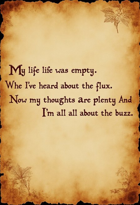 aidmaMJ6.1, aidmaimageupgrader, An aged parchment from old times with poet written on it:
"My life was empty
When I've heard about the flux
Now my thoughts are plenty
And I'm all about the buzz"