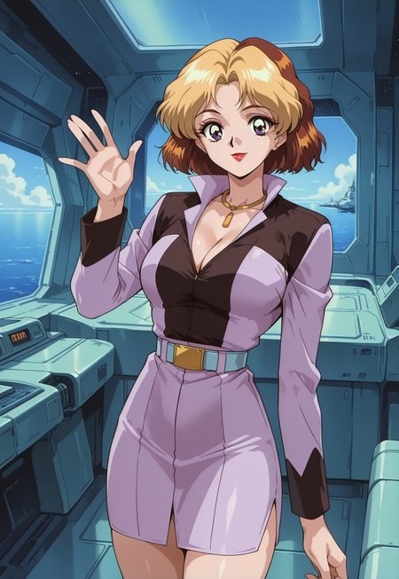 masterpiece, best quality, retro anime, cowboy shot, smile, 1girl, injulindo, short hair, two-tone hair, blonde hair, brown hair, makeup, jacket, cleavage, necklace, belt, skirt, hand up, waving, spaceship, interior,