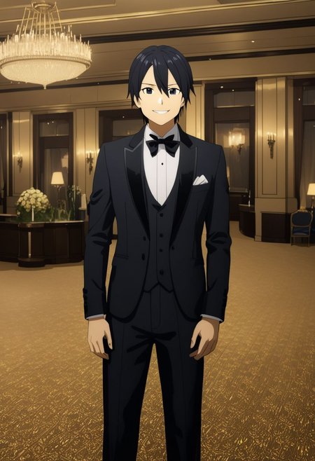 high resolution, professional photography, best quality, 1Boy, Kirigaya Kazuto, Black Hair, Black Eyes, overalldetail, ballroom, luxury hotel, tuxedo, smile, mysterious, confident, rich