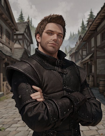 masterpiece, best quality, newest, perfect quality, best quality, detailed background, intricate details, male focus, realistic, solo, <lora:Skyrim Romance Mod - Bishop - Illustrious-000009:0.7>, srm_bishop, 1boy, brown hair, very short hair, yellow eyes, facial hair, leather armor, fingerless gloves, pants, village, upper body, crossed arms, head tilt, smirk, looking at viewer, from side