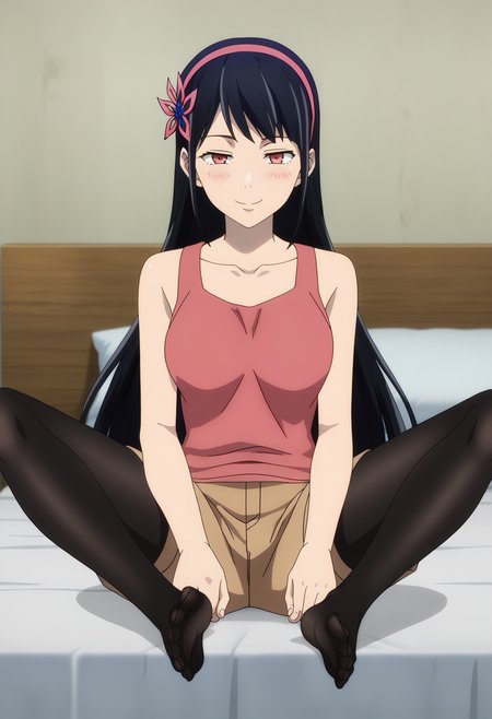 score_9, score_8_up, score_7_up, source_anime, rating_explict,
BREAK
1girl, solo, anime screencap, anime coloring, 
<lora:shiYeonFinalV1:1>, yeonpnk, long hair, black hair, red eyes, hair ornament, hairband, hair flower,
bare shoulders, collarbone, pink tank top, pink shirt, 
brown shorts, pantyhose under shorts, black pantyhose, soles, feet, spread legs, 
looking at viewer, seductive smile, half-closed eyes, blush, 
indoors, bed,