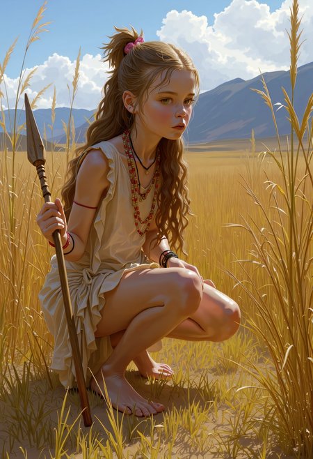 SWMS, masterpiece, best quality, ultra high resolution, a masterpiece that captures the captivating charm of a beautiful painting decorated with baroque patterns. A young adult huntress from the Stone Age crouches low in the tall, wild grasses of a vast, untamed landscape. Her bare feet press into the cool earth, leaving faint imprints as she silently stalks her prey. Her skin, weathered by the elements, is smeared with dirt and natural pigments, giving her a fierce, primal appearance. She wears a simple, fur-lined tunic made from animal hides, draped loosely over her muscular frame, with bone and stone beads strung around her neck. Her hair, long and wild, is tied back with a strip of leather, revealing sharp, focused eyes that scan the horizon for movement. In her hands, she grips a hand-carved wooden spear, ready to strike at any moment. The world around her is harsh and untamedâdistant mountains loom under a vast, cloud-streaked sky, while the wind whistles through the scattered trees and rugged terrain. Every sound, from the rustling leaves to the call of distant animals, is a reminder of the wild and dangerous life she leads. (prehistoric, primal, survival, detailed, atmospheric detailed drawing   <lora:FLUX - SWMSF - Styles for FLUX ( detailed drawing, swms ):1> <lora:FLUX - Surreal_Photo (Glitter):0.6>