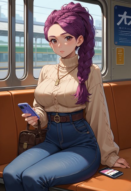 score_9, score_8_up,score_7_up, source_anime, 1girl, solo, <lora:EPfePetra:1>, 
EPfePtr, brown eyes, long hair, purple hair, single braid, braided ponytail,
large breasts, sweater,tight clothing,sitting,subway,looking at phone,high-waist jeans,bag,belt,