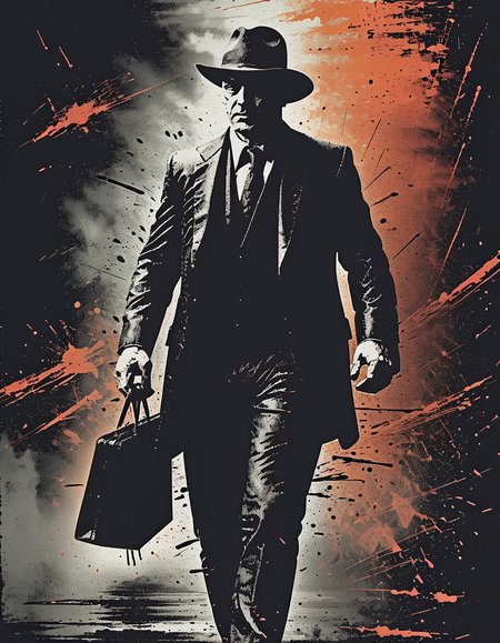 impactful paint of a mafioso carrying a briefcase, highly detailed, professional painterly, high contrast, oversaturated, deep blacks, painterly, color splashing, 4k, uhd, masterpiece
