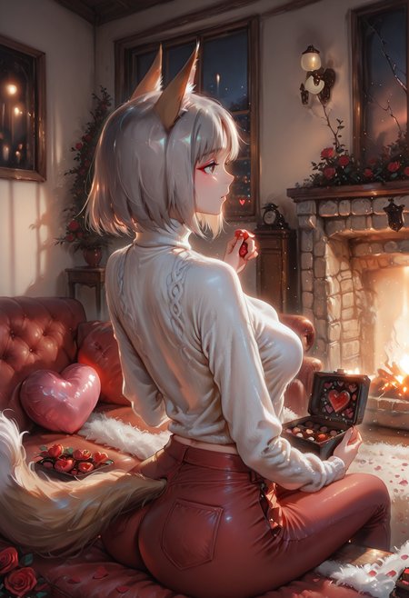 masterpiece, best quality, amazing quality, very aesthetic, absurdres, newest, (scenery, volumetric lighting),depth of field, 1girl,solo,sfw,((from behind:1.2),(from_back:1.2),,Cowboy Shot) , eyeliner,edytha rossmann, world witches series, 1girl, fox ears, fox tail, brown eyes, grey hair, short hair,, 1girl,  ^^^, long sleeves, white sweater, turtleneck, red jeans, flower, roses, hearts, cherry blossom petals,holding box of chocolates,medium breasts, medium and teardrop shaped breasts,(covered breasts:1.3),curvy,skindentation,butterfly_sitting, romantic, in love, living room, cozy atmosphere, sitting, fluffy rug, sofa, heart balloons, fireplace, window,crack_of_light, spring_(season),solo focus, unsr,,(shiny skin:0.7),(sakimichan:0.8,wlop:0.5),masterpiece, best quality, amazing quality, very aesthetic, absurdres, newest, (scenery, volumetric lighting),depth of field,gobo lighting,miyake kasuhiko,  <lora:memento mori:0.6> <lora:MoriiMee_Gothic_Niji_Style_Illustrious_r1:0.8> artist:moriimee <lora:ral-vltne:1> ral-vltne <lora:TQ_-_Rustic_Wooden_Valentines_Day_Backdrops:1>  <lora:GOBOLightingILL:1> gobo lighting, shadows
