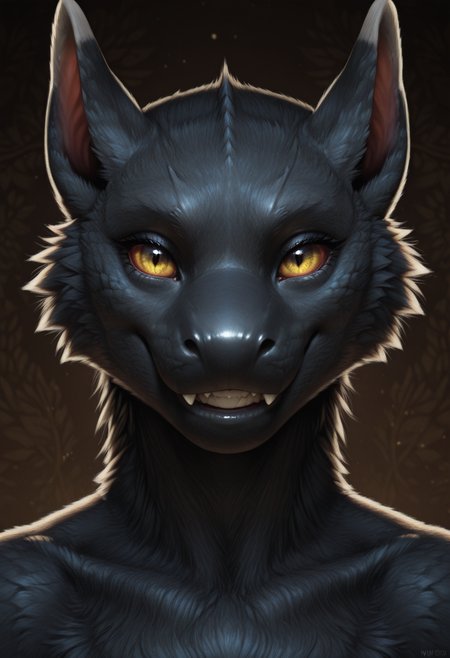 intricate details, high contrast, detailed background, beautiful detailed, detailed eyes, detailed face, photorealism, photorealistic, detailed fur, new, newest, n4rg4cug4, 1girl, solo, furry, anthro, dragon, yellow sclera, black fur, fangs, portrait, looking at viewer, smile, grin,  (masterpiece, best quality, newest, recent, absurdres),