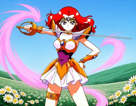 general,highres, ultra-detailed,very aesthetic,best quality ,best hands,  BREAK <lora:Scarlett_ohara_IS:1> Scarlett_ohara, 1girl,solo, red hair, long hair, purple eyes, breasts, 1990s (style), anime coloring, 
 choker, armor, 1990s (style), skirt, hand on hip, smile, tiara, jewelry, magical girl, thighlet, white skirt, miniskirt, thigh strap, armored dress, bracer, shoulder armor, blue eyes,  short hair, pauldrons, attack, effect, aura,
flower,
hold, sword, rapier, serious face, fighting pause,
day, say,