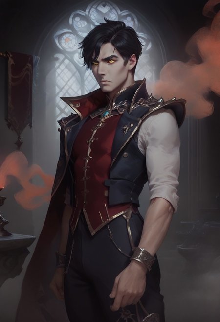 score_9_up, score_8_up, score_7_up, concept art, ultra detailed, high resolution, high quality, masterpiece, intricate details, intricate body, intricate landscape, Expressiveh,
 Concept art, realistic,
 fantasy background, gothic ambience, dark castle interior
1boy, black hair, short hair, Pale skin, yellow eyes,  slit pupils
Padded black vest, red tabard, pants, 
Serious expression, looking at viewer, furrowed brows, holding silver chalice, smoke coming out of chalice, colored smoke, red smoke, dynamic lighting, light coming from the side, the other side of his face covered in darkness
