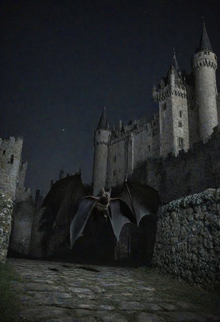 bat walking around a castle at night