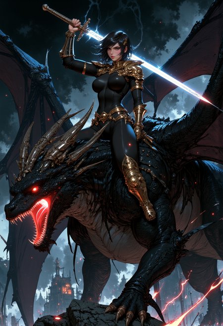 A female warrior riding on the back of a large dragon. The warrior is wearing a black bodysuit with gold armored shoulders, gold  armored gauntlets and gold armored boots. She has a fierce expression on her face. She is holding a long silver sword with a magic glow. The dragon is flying, with its mouth open and its wings spread wide. The background is a dark and stormy sky with lightning bolts. The overall mood of the image is intense and dramatic. mythp0rt