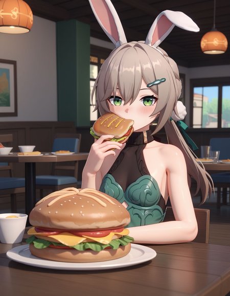 score_9, score_8_up, score_7_up, 3d, in the cafeteria, huge table, a lot of food on table,
1girl, small breasts, <lora:qingque.pony:0.7>, qingque, white bunny ears, green leotard, sitting across the table, holding food,
blush, looking at viewer, cheek bulge, hotdog in mouth,