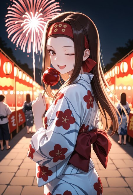 masterpiece,best quality,absurdres,highres,very aesthetic,high quality,detailed,insanely detailed,beautiful,perfect lighting, ,depth of field,blurry background,bokeh, looking at viewer,
 <lora:Saemonaza illu:1>, 
1girl,  brown hair, long hair, one eye closed, brown eyes, red headband, smile, osolo, night, summer festival, outdoors, yukata, floral print, from behind, smile, laughing, fireworks, holding candy, candy apple,