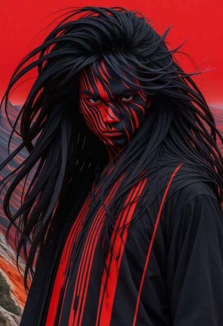 Closeup Portrait, An Abstract surreal n Abstract surreal colorful simple painted black PESonGoku standing at a cliff with extreme Long Hair throughout the frame, katana, red Blood Splash, made of lines, vertical lines, horizontal lines, Portrait Made of intertwining snakes, weaving over and under each other throughout the frame, emphasis effect, moire effect, awash in colorful shades, seamlessly extends the lines,