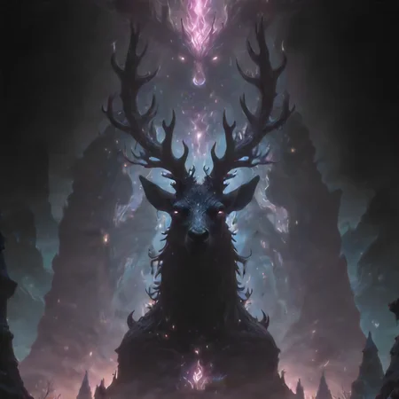 Black, Ultra High Definition, dark fantasy aesthetic, the primal spirits take the form of a great stag, gazing down at a village, establishing shot, from below shot, (chromatic aberration) (faded colors) outlines, bloom effect, soft lighting, CG particles effect, 4K resolution, detailed pupils,<lora:neg4all_bdsqlsz_xl_V9:0.7> <lora:add-detail-xl:0.7> <lora:EnvyMysteriousXL01:0.7>