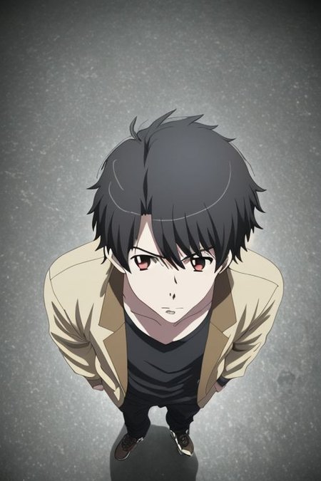 high resolution, solo, best quality, 1Boy, Inaho Kaizuka, Black Hair, casual, seen from above, gangster, dominant, intimidate, OverallDetail