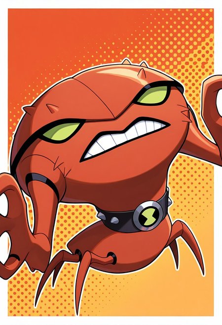 <lora:brainstorm-07:1> brainstorm, solo, teeth, no humans, pokemon (creature), green eyes, clenched teeth,  crab, craw claws, , , collar, orange background, smile, no legs,, masterpiece, best quality, amazing quality, very aesthetic, absurdres, newest,, upper body, halftone effect, white borders, abstract background:1.2,