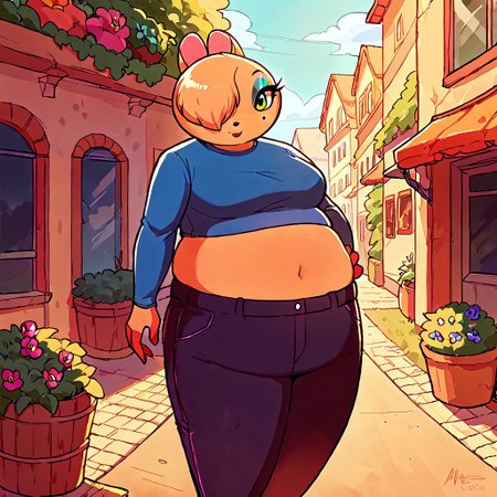 score_9, score_8_up, score_7_up, Female, Maydine, Hair Covering one eye, midriff, Pants, Makeup, beauty mark, outside,