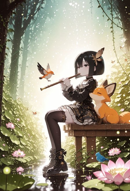 masterpiece, highres, newest,best quality, very aesthetic, absurdres, newest, very awa, oc-chan_(ketopon), 1girl, solo, black hair, bob cut, hair between eyes, solid black eyes, detailed eyes, eyelashes, mole under eye, expressionless, feather hair ornament, pale skin, goth fashion, frilled dress, square neckline, black thighhighs, zettai ryouiki, dark green ankle boots, instrument, playing flute, (musical notes:1.2), sitting, small wooden bridge, creek,animal,birds, fox, fireflies, lush nature, flowers, vines, lotus flowers, dreamlike atmosphere, peaceful,  mystical forest, sparkling aura, soft lighting, pastel colors, anime screencap, scenery, from side, Bright_illu,sparkle,too many light particles,anime style
