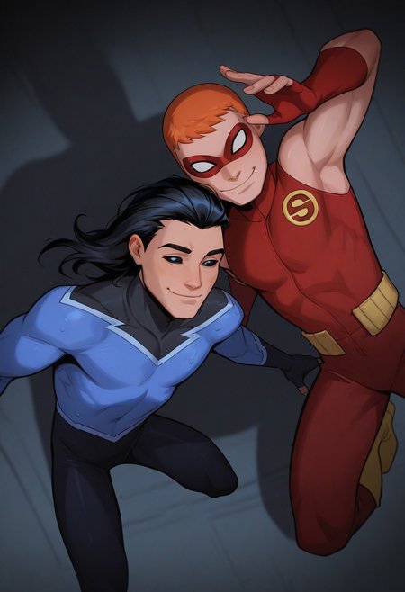 masterpiece, absurdres, high quality, perfect anatomy, 2boys, duo, side by side, male focus, cute boys, AqualadTT, black scelera, long sleeves ,
SpeedyTT, domino mask, red bodysuit, fingerless gloves, sleeveless
smile, cinematic, intricately detailed illustration, depth of field, masterpiece, best quality, amazing quality, very aesthetic, absurdres, newest, very awa,  shadow, dynamic angle, casual cosplay, dynamic pose,