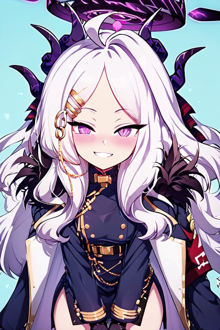 score_9, score_8_up, score_8, medium breasts,(curvy), cute, eyelashes,       BREAK, , ,,, zzHina, purple eyes, long hair, hair ornament, white hair, horns, hina (blue archive), ahoge, halo, multiple horns, parted bangs, skirt, long sleeves, hairclip, black skirt, coat, coat on shoulders, fur trim, black gloves, <lora:Hina_BlueArchive_PDXL:1.0>, , ,,, <lora:Afrobull_PDXL_v5:0.8>,  ,,,, BREAK, smile, looking at viewer, leaning forward, head tilt, blush, embedding:zPDXL, Expressiveh, <lora:SDXLFaeTastic2400:0.5>, <lora:Expressive_H-000001:0.4>,