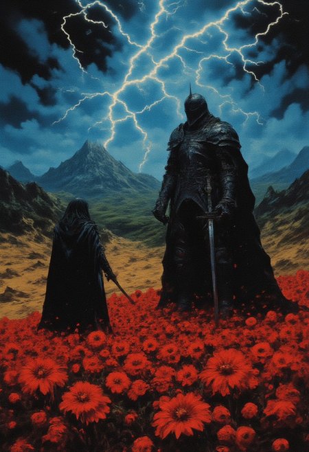 Dark fantasy art
scene in a vibrant field of red poppies. A woman with long, flowing hair and a dark, flowing gown stands facing a towering figure clad in dark, jagged armor with a menacing crown. The setting is a vast, misty landscape with a stormy sky, illuminated by bolts of lightning. In the distance, a dark castle looms on a hill, adding to the ominous and mythical atmosphere.