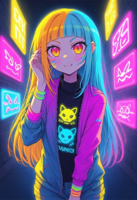 CyberPsycho, Auntie Medu with sea-green blue-gray orange purple-gray color palette, neon lights