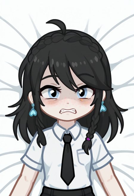 score_9, score_8_up, score_7_up, score_6_up, Neon light, lying in bed, GELUGDD, GELUGDDGacha, GELUGDD, GELUGDDGacha, Gacha, girl, black hair, long hair, braid, blue eyes, blue earrings, black tie, scared expression, shaded face