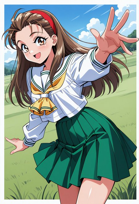 yasuda_maina, brown eyes, brown hair, long hair, hairband, school uniform, serafuku, white sailor collar, yellow neckerchief, white shirt, long sleeves, green skirt, pleated skirt, <lora:Graduation_yasuda_maina_illustrious_ver1:0.8>
smile, open mouth,, masterpiece, best quality, very aesthetic, absurdres, general,, 1girl, solo, blue sky, (grasslands:1.2), looking at viewer,, (cowboy shot, dynamic pose:1.4),