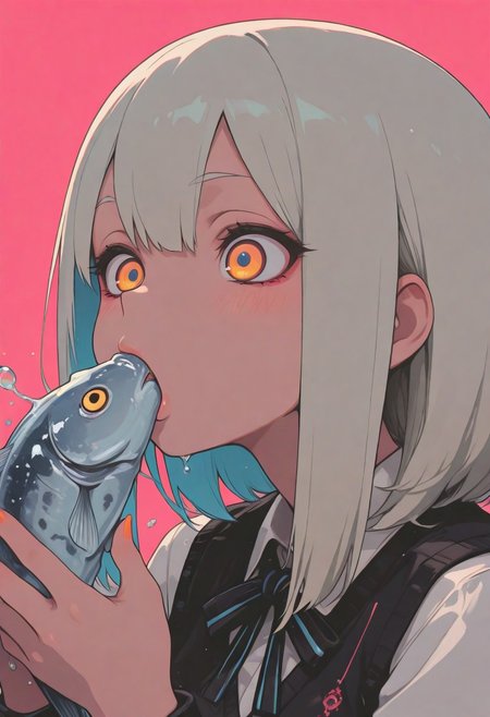 1 girl , solo , suck fish ,
masterpiece, best quality ,amazing quality ,S4bit4mago_illu , xxx667_illu ,Protoneon , in the style of Jeda, vibrant colors,