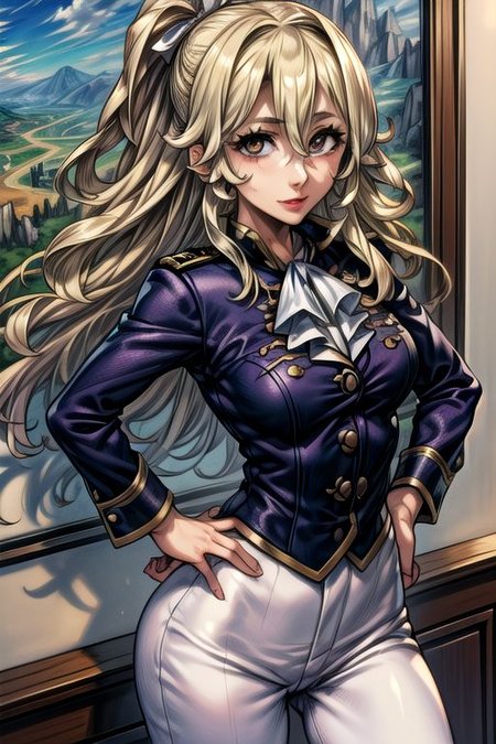 masterpiece, Lily Kokoschka , best quality, best quality, ultra-detailed, highres,sharp focus,(ultra detailed,extremely detailed), 1girl,(masterpiece, best quality), LilyKOKOSCHKA, 1girl, solo, long hair, small breasts, blonde hair, hair between eyes, uniform, ascot, wavy hair, eyes visible through hair, white ascot, riding pants, hungry clicker, Hands on Hips,
