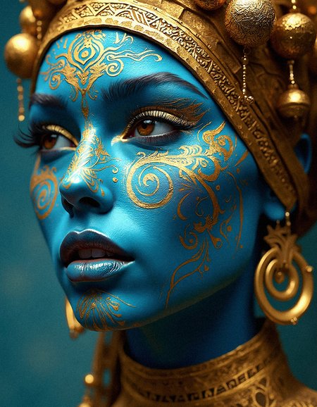 Imagine a hyper-detailed portrait of a woman with azure blue skin, her face decorated with gold tribal patterns that swirl and curve around her eyes, cheeks, and neck. The golden motifs are complex, with lines, dots, and spirals that add texture and depth to her visage. Her lips are painted with a deep metallic color that harmonizes with the golden details on her skin. She wears a prominent headdress of gold, adorned with dangling ornaments that add movement and contrast to the stillness of her face. Large, elegant gold hoop earrings complement the tribal-inspired design, and her eyes are framed with dramatic golden eye shadow and long, defined lashes. The lighting is soft yet focused, highlighting the gold’s shimmer and the matte finish of her blue skin, lending a realistic touch to this ethereal composition. This photorealistic image fuses ancient cultural elements with a modern style, creating a mesmerizing effect.
