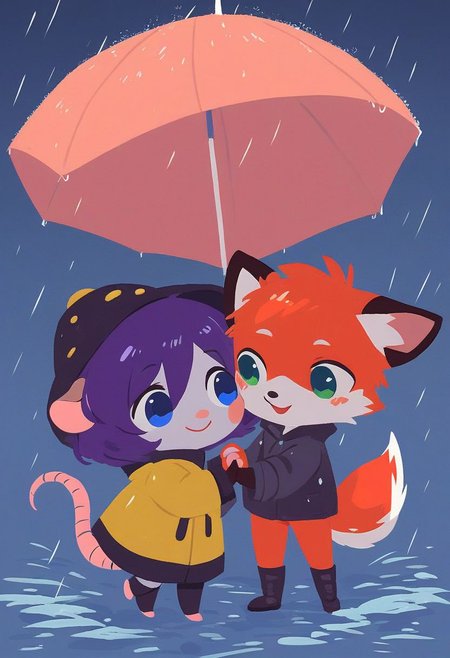 score_9, score_8_up, 1boy, 1girl, (1boy, cute male red fox, blue eyes, short blonde hair), (1girl,  cute female grey American opossum, green eyes, purple hair), wearing yellow rain coats, wellington boots, rain hats, playing in the rain, holding hands, sharing an umbrella, friends, couple, chibi, same height, adorable, happy