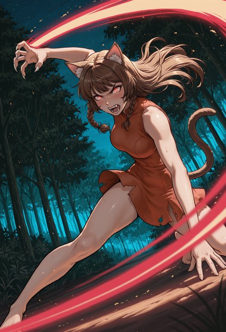 amazing quality, volumetric lighting, high contrast, realistic, vibrant colour, highest quality, masterpiece, blush, 1girl, dynamic pose, 4K4BUR5TYL3, dim light, dramatic lighting, smooth shading, raytracing, glistening skin, glossy skin, detailed face, detailed eyes, sketch, lineart,

side view, dutch angle, angry, fighting stance, preparing to strike, preparing to scratch, (claws, fangs, slashing claw strike:1.2), dynamic angle, dynamic pose, action, ready to fight, motion blur, dof, dynamic perspective, action scene, looking away, amazing background, nature, forest, action pose, in action, motion blur, eye-cathcing, fighting scene, motion lines, impact lines, epic, dynamic composition, five fingers, (night, glowing red eyes, dim light:1.3),

uv, long hair, animal ears, brown hair, yellow eyes, cat ears, cat tail, side braid, single braid, red dress, short dress, torn clothes, sleeveless, barefoot