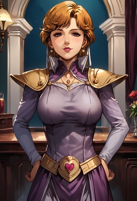 score_9, score_8_up, score_7_up, source_anime,
Frederica
hair ribbon, (best quality) , (highly detailed) ,masterpiece ,absurdres ,detailed face ,beautiful face ,(detailed eyes, deep eyes, anime eyes), 
1girl,solo,female,kawaii,cowboy_shot  flirting, raised eyebrow, ((looking at viewer)),flirting, raised eyebrow, ((looking at viewer)), ((looking back at viewer)), purple dress, armor, jewelry, earrings, lipstick, makeup, large breasts, curvy, toned, athletic, thigh gap, standing in lounge, hands on hip, sexually suggestive, luxurious bar in background, indoors